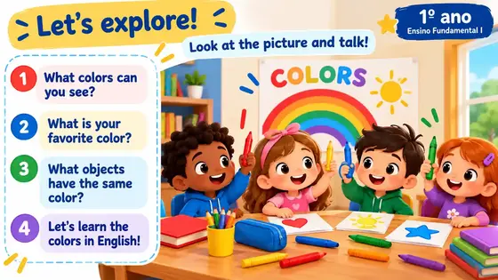 Slide Let’s explore com crianças pintando em uma sala de aula e quatro perguntas sobre cores