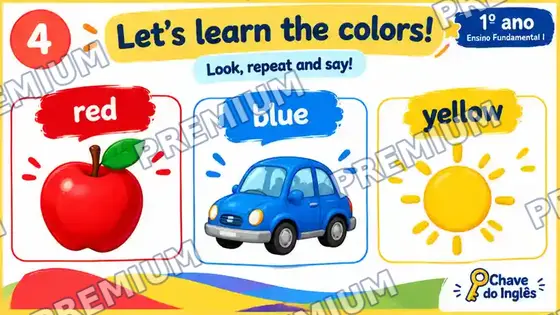 Slide de vocabulário com as cores red, blue e yellow ilustradas por uma maçã, um carro e o sol