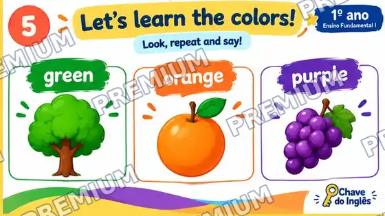 Slide de vocabulário com as cores green, orange e purple ilustradas por uma árvore, uma laranja e uvas
