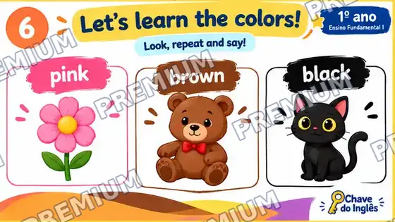 Slide de vocabulário com as cores pink, brown e black ilustradas por uma flor, um urso de pelúcia e um gato