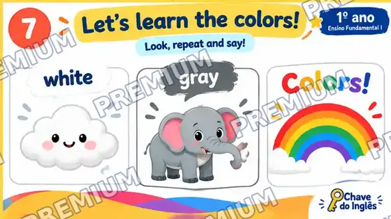 Slide de vocabulário com as cores white e gray, uma nuvem, um elefante e um arco-íris