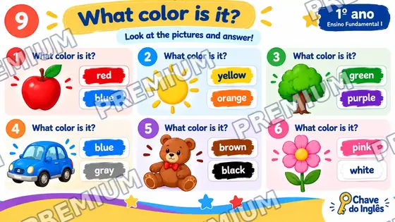 Slide What color is it? com seis figuras e alternativas de cores para escolher