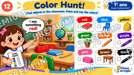 Slide Color Hunt com uma menina em uma sala de aula dizendo I see something red!
