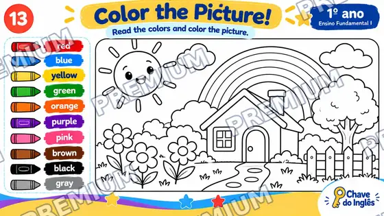 Slide Color the Picture com um desenho de casa, sol e arco-íris para colorir e lápis de cor