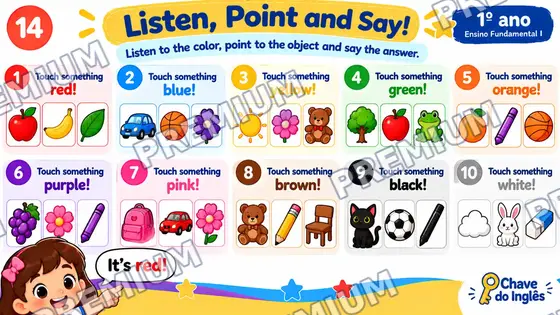 Slide Listen, point and say com dez linhas de objetos para tocar de acordo com a cor