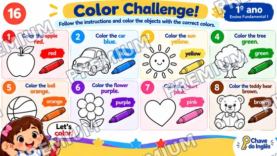 Slide Color Challenge com oito figuras para colorir seguindo as instruções