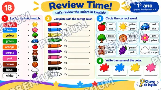 Slide Review Time com atividades de ligar, completar e circular as cores