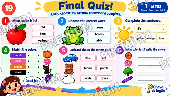 Slide Final Quiz com seis questões visuais sobre as cores