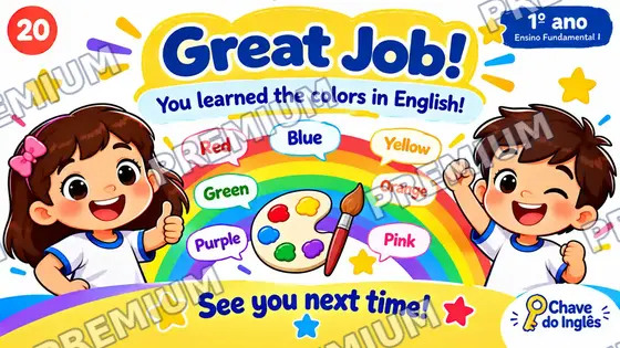 Slide de encerramento Great Job com crianças comemorando, a paleta de cores e a frase See you next time!