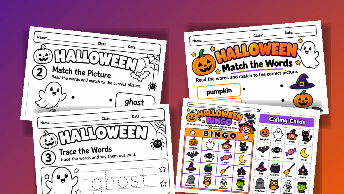 Quatro folhas de atividades de vocabulário de Halloween em inglês para o 1º ano