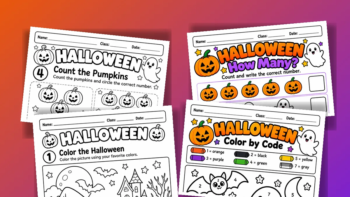Quatro folhas de contagem e colorir de Halloween em inglês para o 1º ano