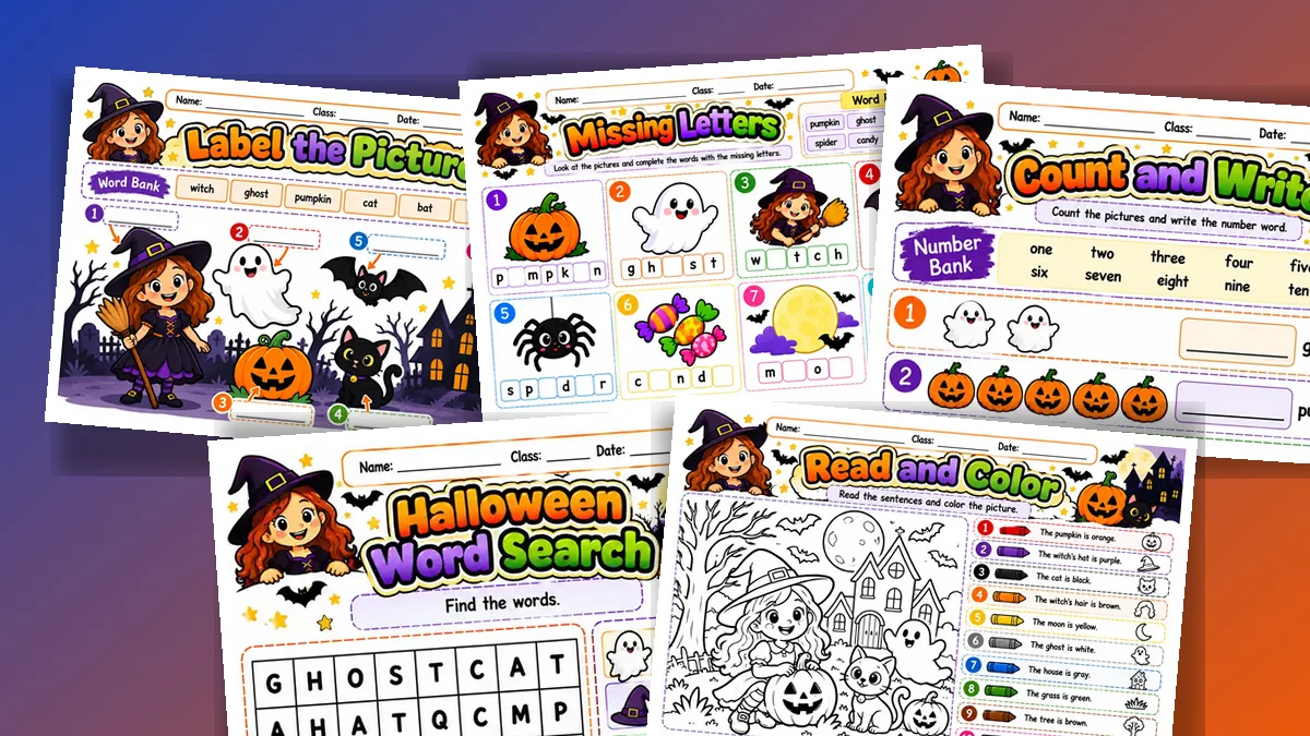 Cinco folhas de vocabulário, letras, números e cores de Halloween em inglês para o 2º ano