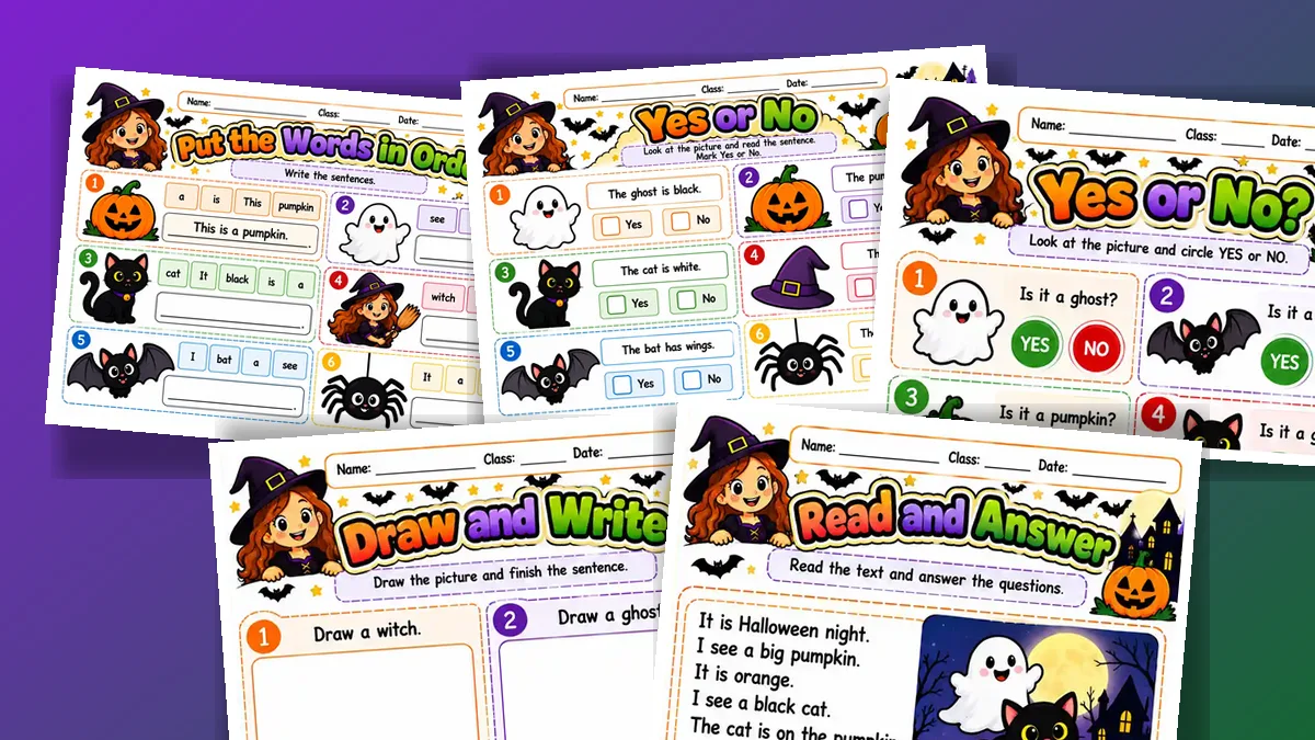 Cinco folhas de frases, leitura e criação de Halloween em inglês para o 2º ano