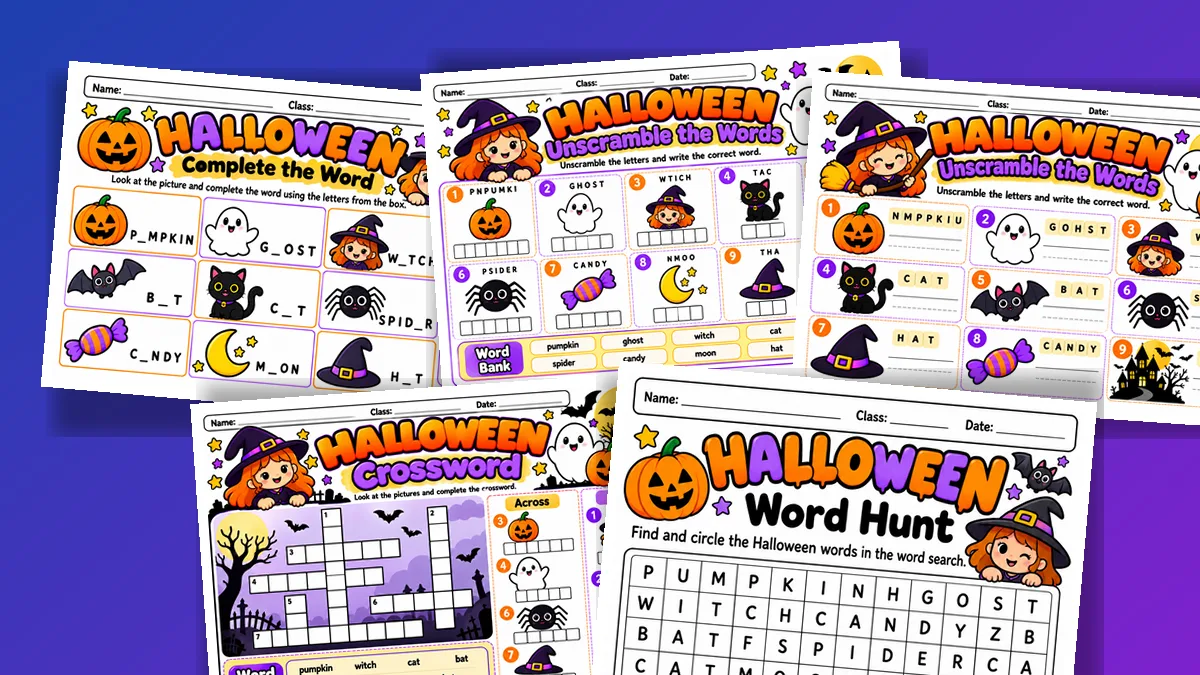 Cinco folhas de letras, palavras cruzadas e caça-palavras de Halloween em inglês para o 1º ano