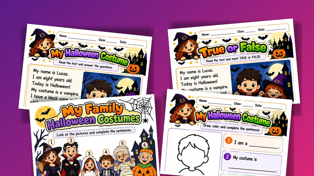 Quatro folhas de leitura e fantasias de Halloween em inglês para o 3º ano