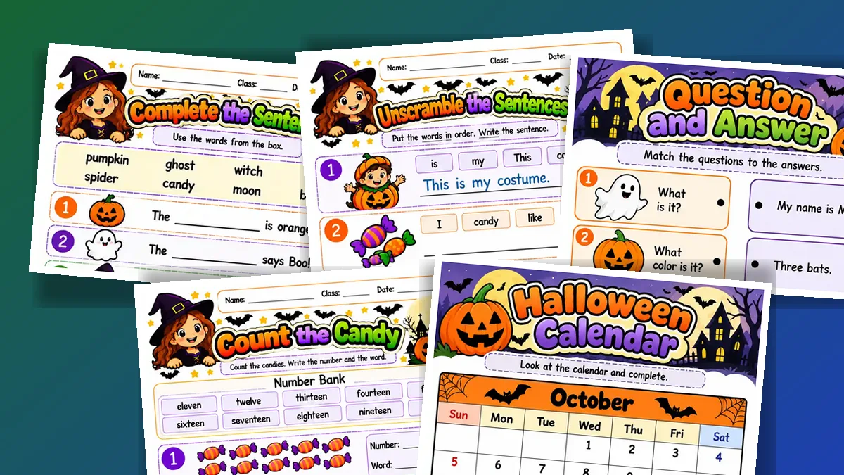 Cinco folhas de frases, números, perguntas e calendário de Halloween em inglês para o 3º ano