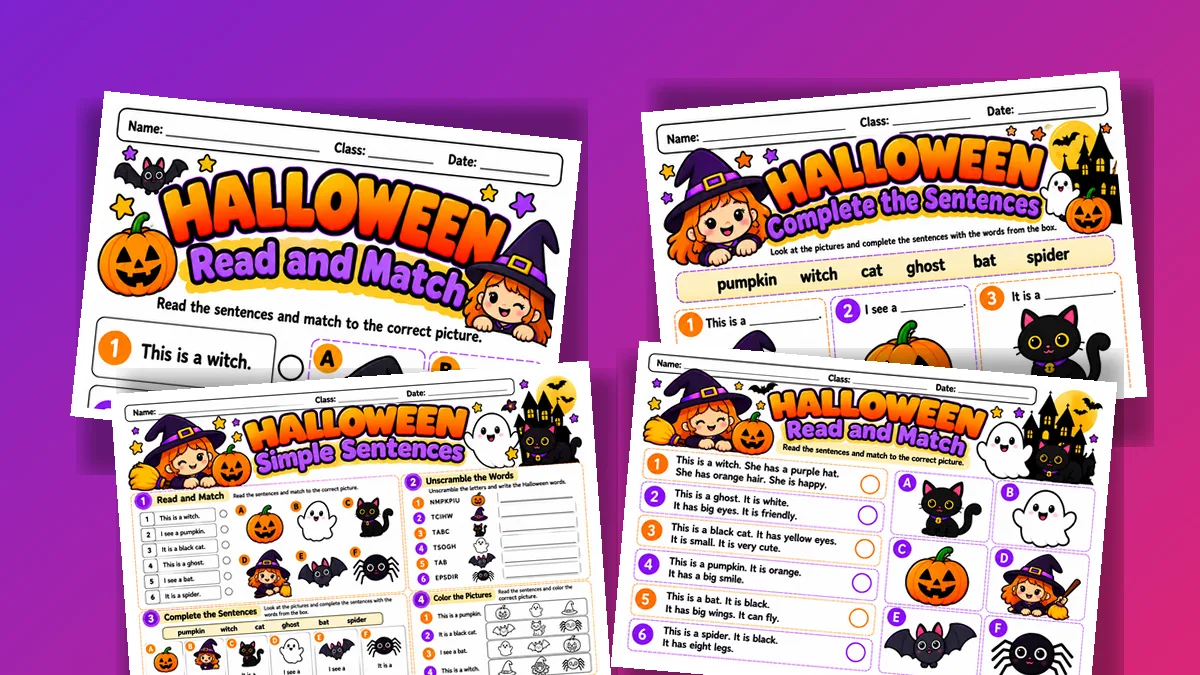 Quatro folhas de frases simples de Halloween em inglês para o 1º ano