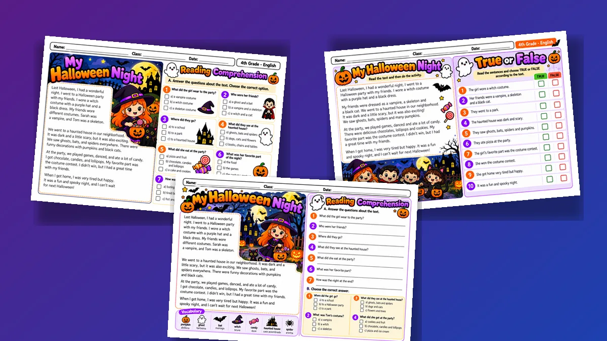 Três folhas de leitura e interpretação My Halloween Night para o 4º ano