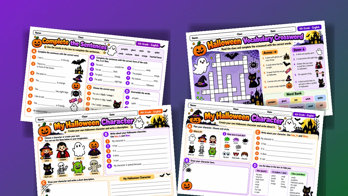 Quatro folhas de vocabulário e descrição de personagens de Halloween para o 4º ano