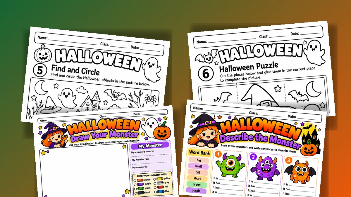 Quatro folhas de observação, quebra-cabeça e criação de monstro de Halloween em inglês para o 1º ano