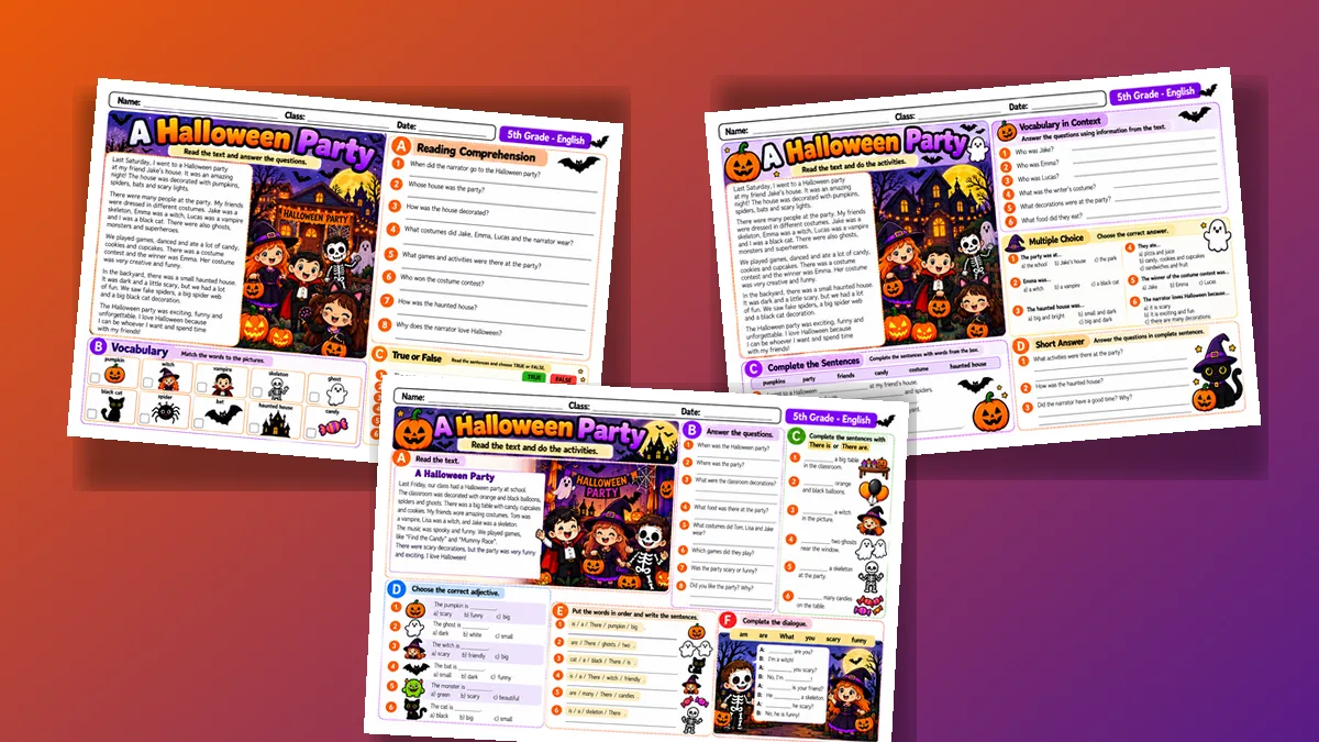 Três folhas de leitura e interpretação A Halloween Party para o 5º ano