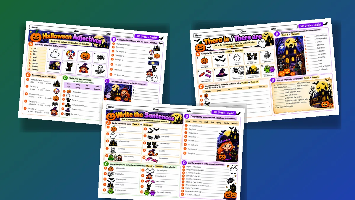 Três folhas de adjetivos e There is There are com tema de Halloween para o 5º ano