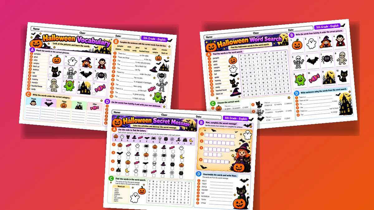 Três folhas de vocabulário, caça-palavras e mensagem secreta de Halloween para o 5º ano
