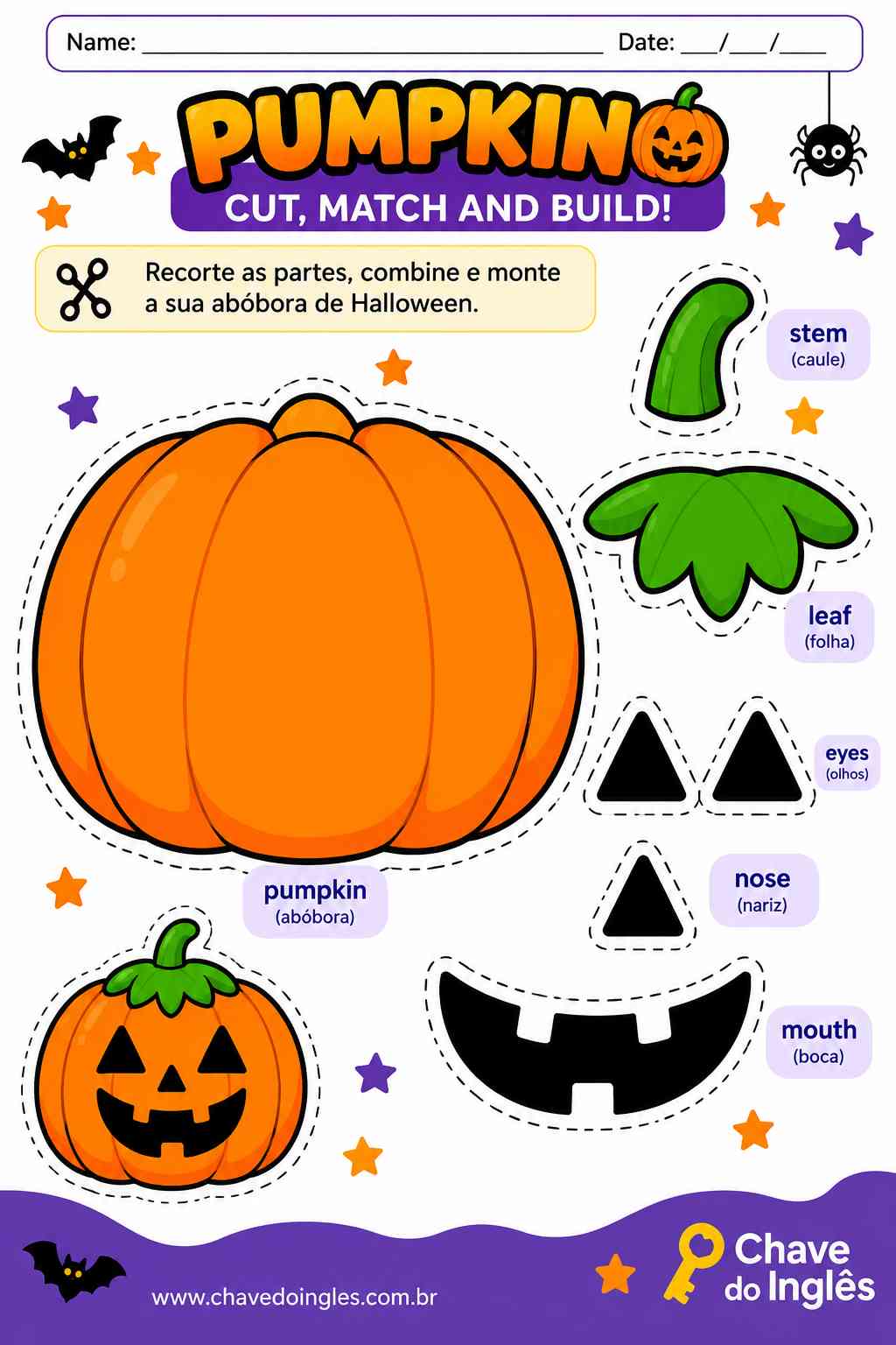 Quebra-cabeça de abóbora de Halloween para imprimir e montar em inglês