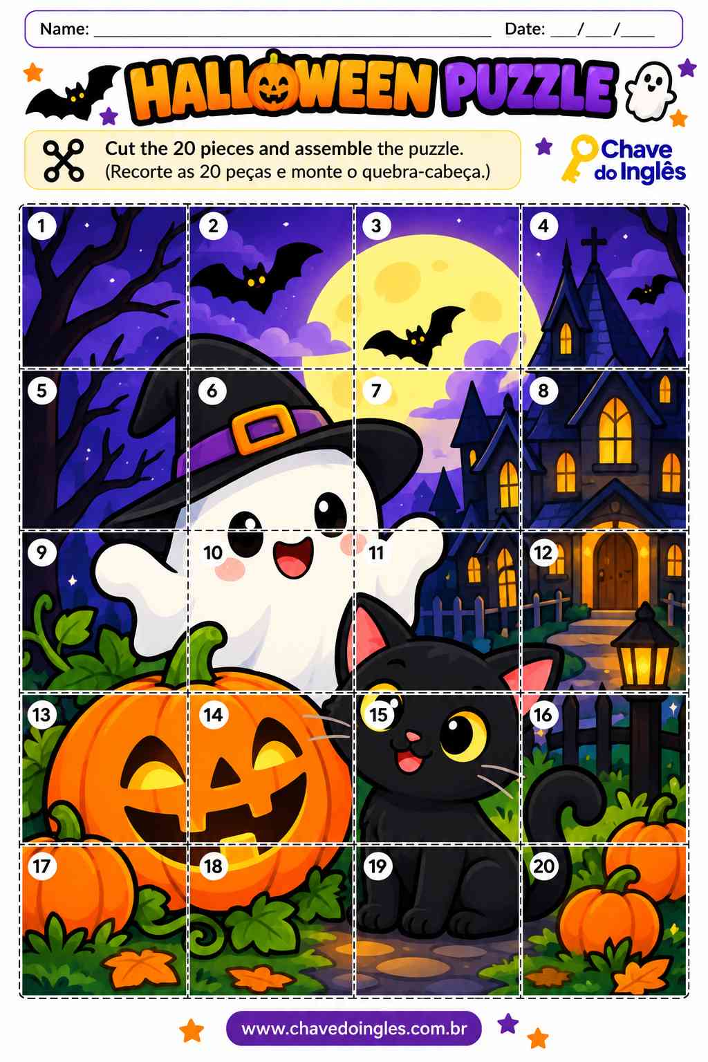 Quebra-cabeça com três personagens de Halloween