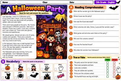 Folha A Halloween Party com texto, perguntas de compreensão, vocabulário e True or False
