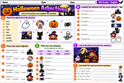 Folha Halloween Adjectives com atividades para praticar adjetivos