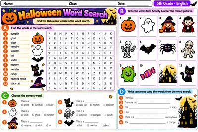 Folha Halloween Word Search com caça-palavras, figuras e frases para completar