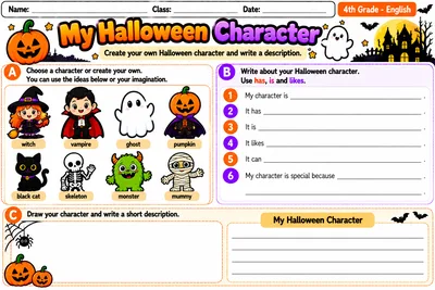 Folha My Halloween Character para escolher um personagem e escrever frases com has, is e likes