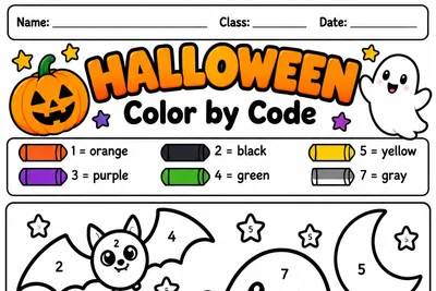 Folha Color by Code com abóbora, gato e fantasma para colorir seguindo números