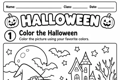 Folha para colorir com uma bruxa, um fantasma, um gato e abóboras de Halloween