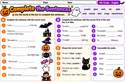 Folha Complete the Sentences com quatro atividades sobre vocabulário e verbos has, is e likes