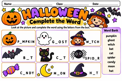 Folha Complete the Word: completar a letra que falta em palavras de Halloween