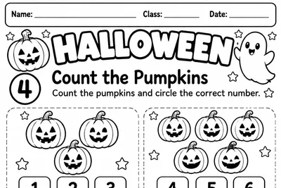 Folha Count the Pumpkins: contar abóboras e circular o número correto