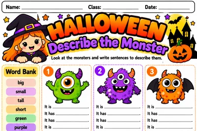 Folha Describe the Monster com nove monstros coloridos e banco de palavras