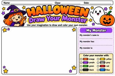 Folha Draw Your Monster com espaço para desenhar um monstro e descrevê-lo
