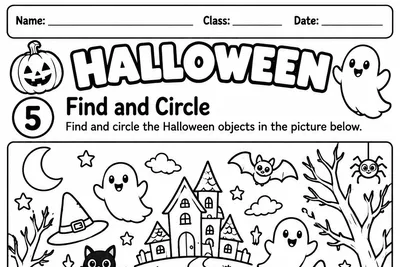 Folha Find and Circle com cena de Halloween para encontrar e circular objetos