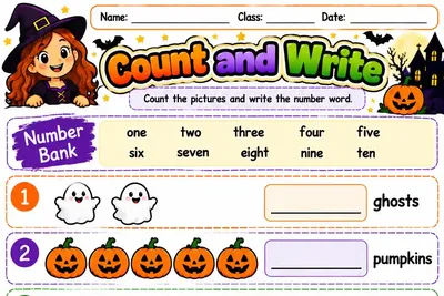 Folha Count and Write com figuras de Halloween para contar e escrever o número por extenso