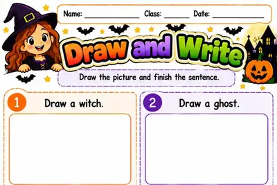 Folha Draw and Write com quatro quadros para desenhar e frases para completar