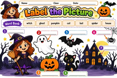 Folha Label the Picture com cena de Halloween, setas numeradas e banco de palavras