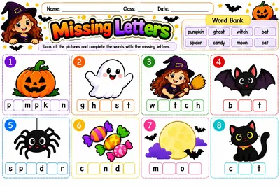 Folha Missing Letters com oito desenhos e palavras com letras faltando