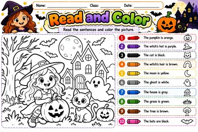 Folha Read and Color com desenho de Halloween para colorir e dez frases com cores