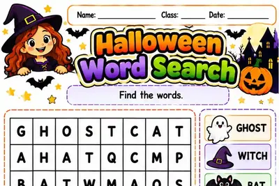 Folha Halloween Word Search com grade de letras e lista de palavras ilustrada