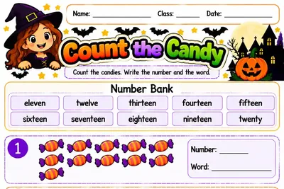Folha Count the Candy com cinco quadros de doces para contar e escrever o número