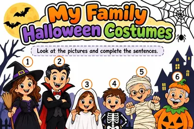 Folha My Family Halloween Costumes com seis familiares fantasiados e frases para completar