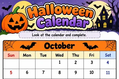 Folha Halloween Calendar com calendário de outubro e frases para completar